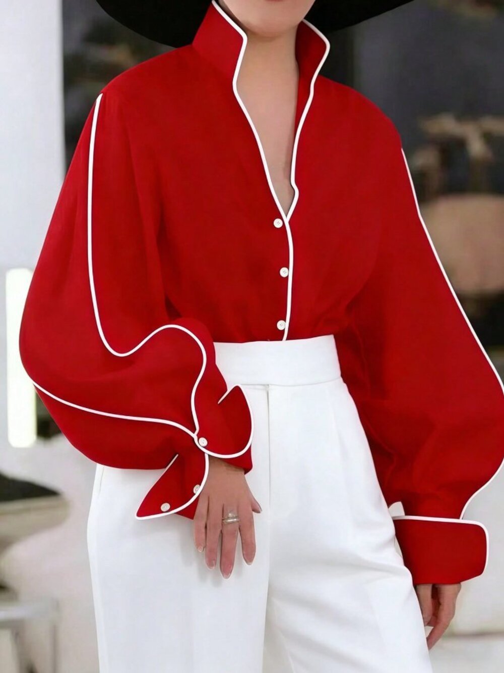 Red Casual Women's Plus Size Stand Collar Contrast Trim Blouse